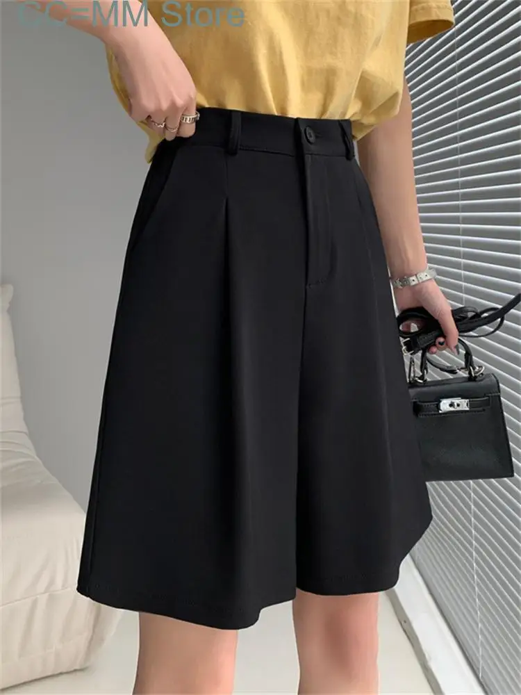 New Suits Shorts for High Waisted Office Ladies Wide Leg Shorts Korean Fashion Casual Knee Length Black Shorts