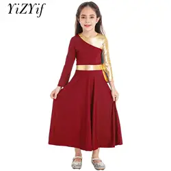 Kids Girls Praise Dance Dress Metallic Gold Contrast Color Lyrical Dancewear Christian Church Dance Tunic Dress Worship Robe