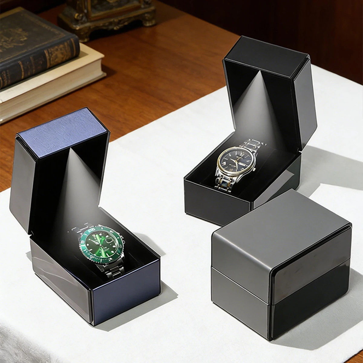 고급 PU 가죽 시계 보관함 LED 조명 포함 조개형 싱글 시계 케이스 선물 포장 상자