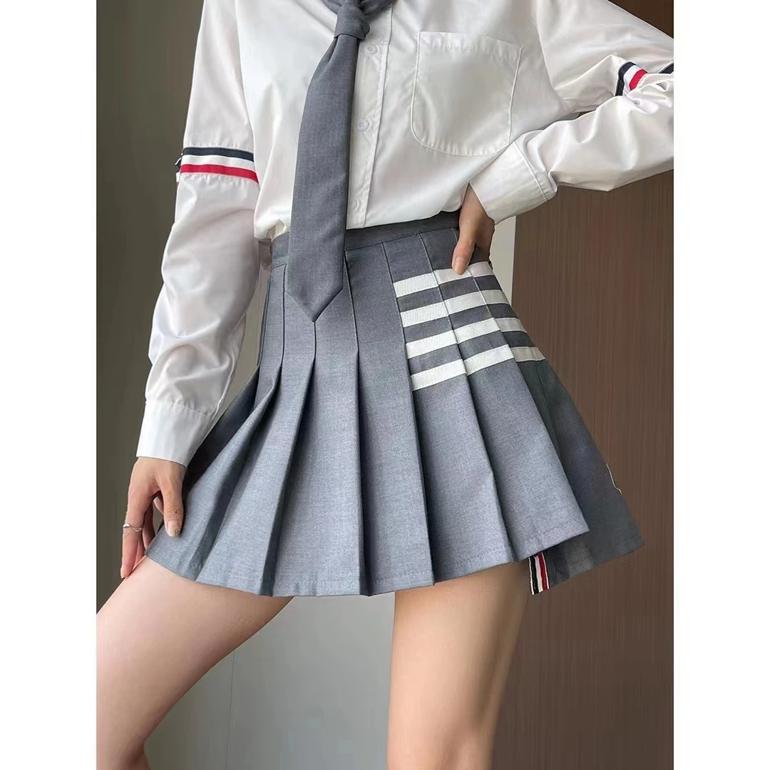 

Four Bar Fashion Summer Skirt For Women Grey Color Preppy Style Stripe Print Casual Pleated Skirts With Shorts Y2k Clothing