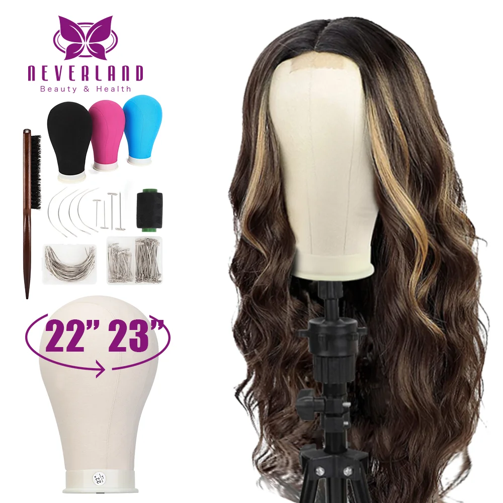 23 Inch Wig Head,Wig Stand Tripod with Head,Canvas Wig Head,Wig Head Stand  with Mannequin Head for Wigs,Manikin Canvas Head Block Set for Wigs Making