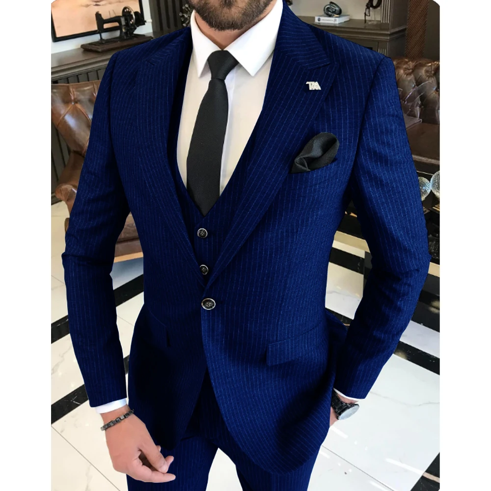 Men's Singlebreasted Striped Full Suit Lapel 3piece Best Groom Suit