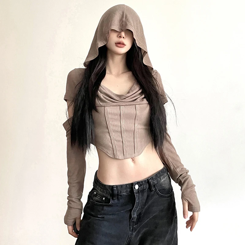 y2k Crop Top Women Punk Gothic Clothes Solid Color Long Sleeve Hooded T Shirt with Thumbhole Wasteland Tee Streetwear