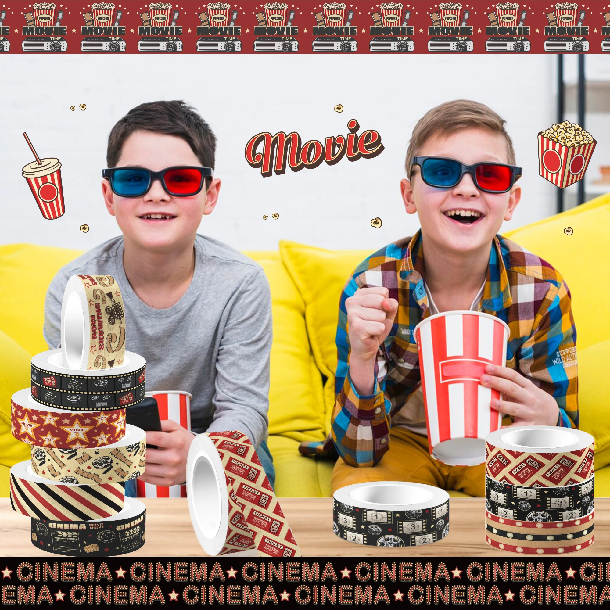 12 Rolls Cinema Film Themed Washi Tape Set, Adhesive Tape, Masking Tape DIY Craft Handbook Materials Scrapbooking De