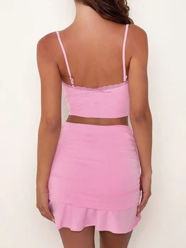 Women s Summer 2Pcs Outfits Lace Trim Crop Cami Tops with High Waist Ruched Mini Skirt 2