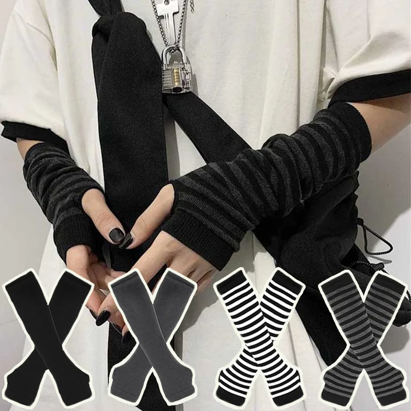 fingerless gloves Y2K Gothic Lolita Arm Cover Harajuku Arm Warmers Striped Punk Long Wristband Metallic Unisex
