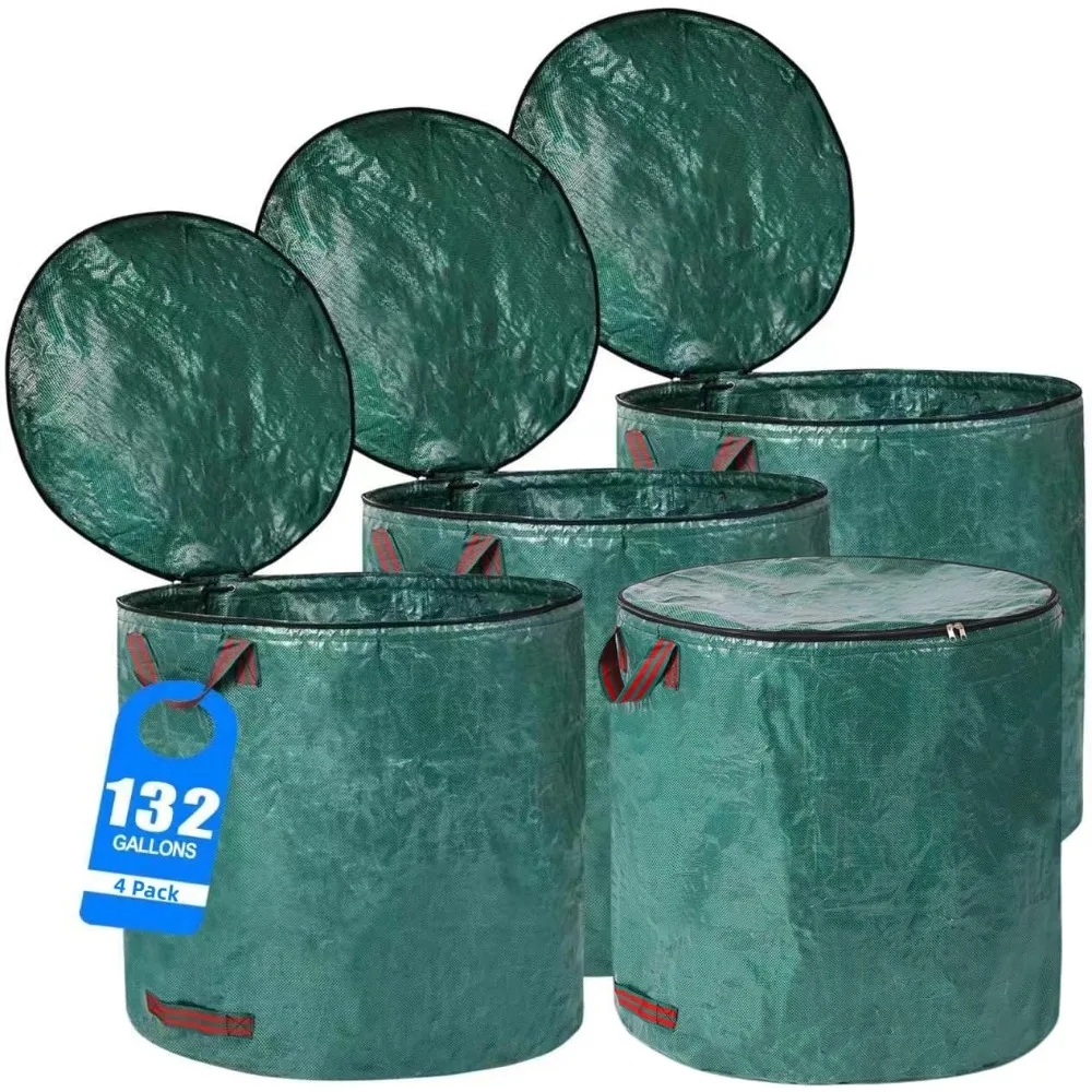 132 Gallons Yard Waste Bin, Reusable with Double Bottom and Zipper Lid, Heavy Duty with 4 Handles, 4 Pack Yard Waste Bin