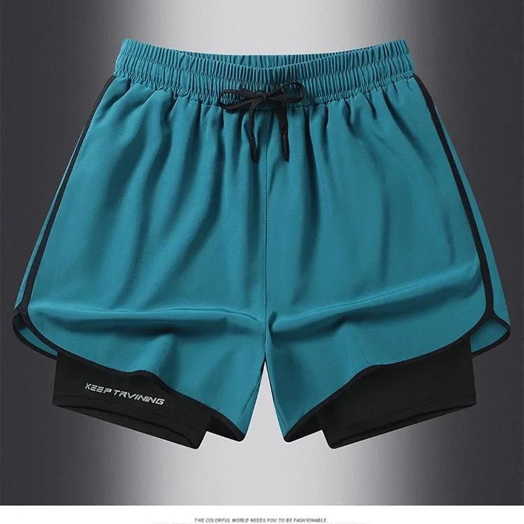 Summer Casual Sports Three-Quarter Anti-Exposure Double-Layer Couple Shorts Quick-Dry Ice Silk Elastic Training Fitness Pants