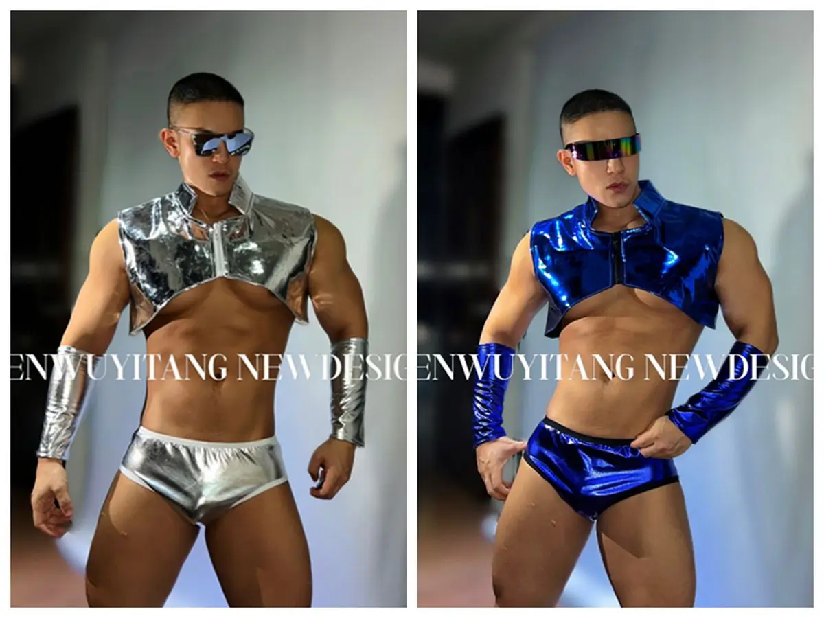 

Silver Blue Laser Mirror Vest Shorts Cuff Outfits Dance Party Male Singer Stage Wear Nightclub Bar Gogo Sexy Performance Clothes