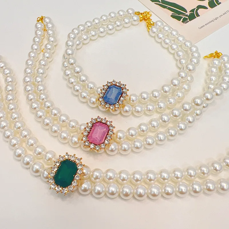 

Pet Bow Double Layer Pearl Collar Cat Jewelry Rhinestone Collar Pet Accessories Pendant Princess Necklace Dog Sweet Ornament
