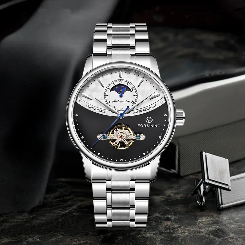FORSINING Business Herren Automatikuhr Uhr Mondphase Tourbillon Wasserdicht Mechanische Stahlband Armbanduhr Relogio_voghion.com