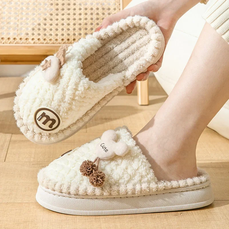 Cute Cartoon Winter Cotton Slippers Women Warm Plush Home Shoes Indoor Cozy Flat Slides Woman Non-Slip Thick Sole Fur Slippers