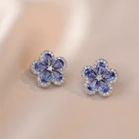 Ensemble de bijoux pour Banquet, Style INS, cristal bleu, fleur en Zircon, argent S925, aiguille, boucle d'oreille, collier, Design de luxe, exquis 2