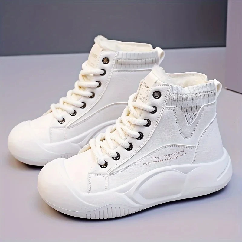 

Women White Letter Pattern Round Toe Snow Boots Non-slip Thick-soled Platform Ankle Boots Fleece-lined Thermal Winter Booties