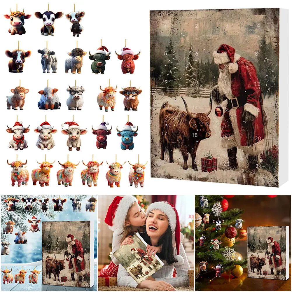 24 Days Christmas Countdown Calendar Acrylic Cartoon Highland Cow Hanging Decorations 2024 Holiday Advent Calendar Gift For Kids