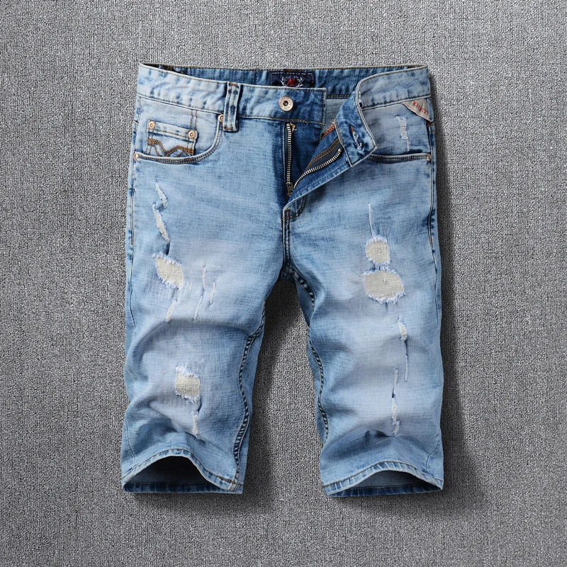 Summer Fashion Designer Men Jeans Shorts Retro Light Blue Destroyed Ripped Short Jeans Men Vintage Casual Denim Shorts Hombre