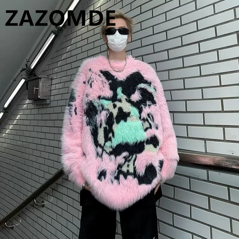 

ZAZOMDE Winter New Harajuku Gothic Knitted Sweaters Punk Man Plush Warm Sweater Loose Knitwear Sweater Outwear Streetwear 2023