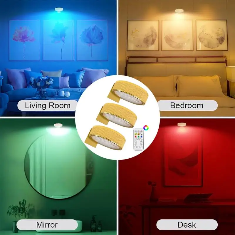 3Pcs Battery Operated Picture Light Magnetic Led Painting Light 24 Color Spotlight with Remote Control Dimmable Painting