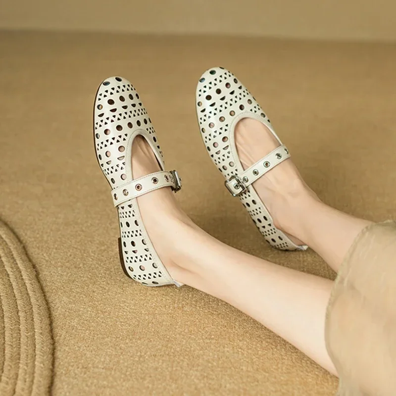 

NEW Spring/Autumn Women Pumps Genuine Leather Shoes for Women Round Toe Low Heel Shoes Soft Mary Janes Concise Hollow Girl Shoes
