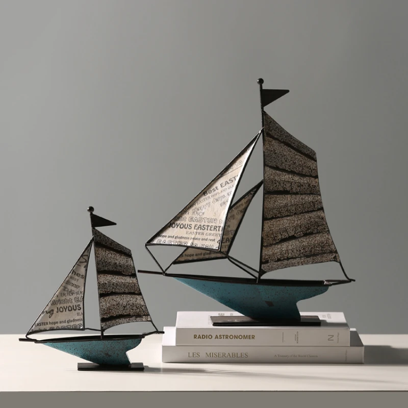 

European Retro Wrought Iron Sailboat Creative Decorative Ornaments Living Room Tabletop Antique Indoor Home Decorations Gift