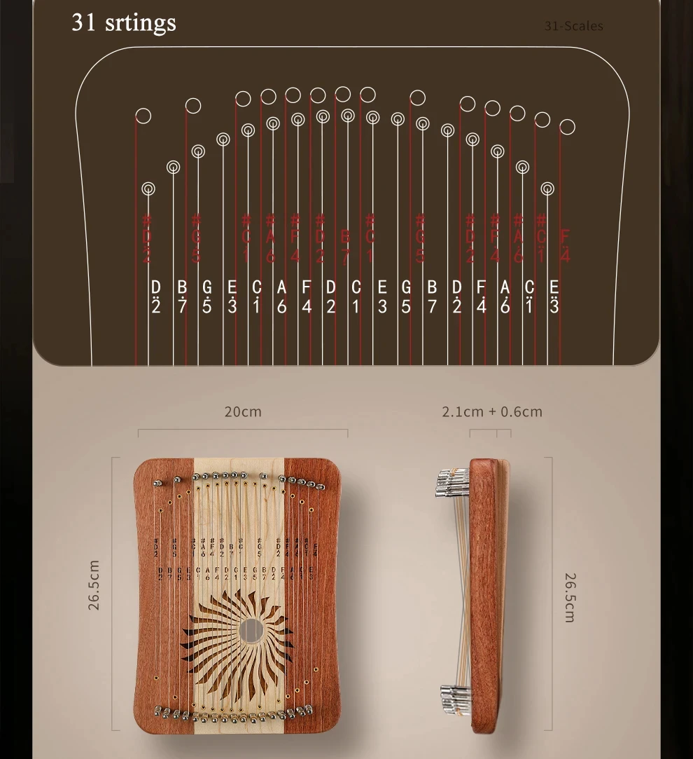 Hluru 31 Strings Mini Thumb Kalyre 17 Kalimba Strings Finger Harp Wood Creative Beginner Musical Instrument