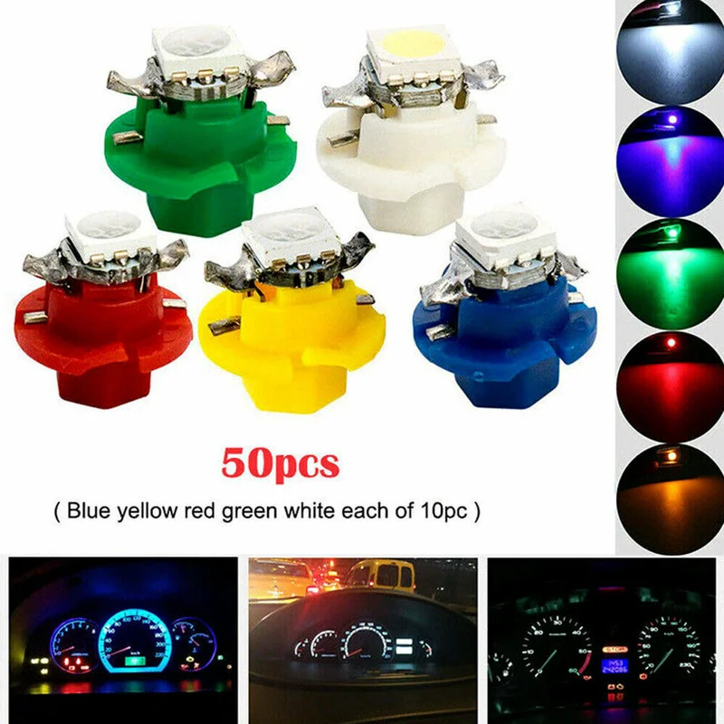 

50 шт., Автомобильный светодиодный индикатор T5 B8.4D 1SMD, 5 цветов