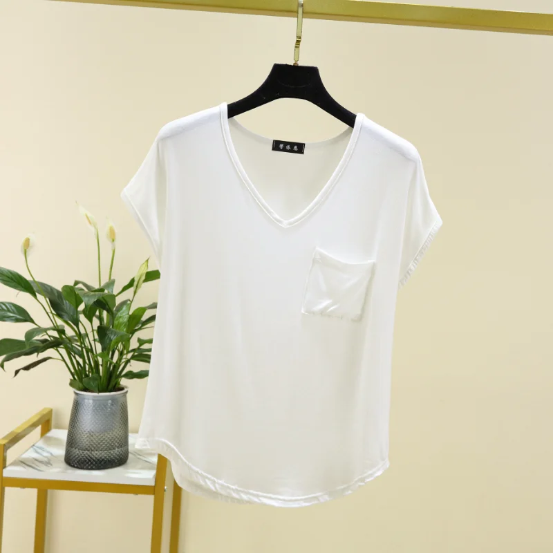 2024 new women's summer one-piece pajamas Modal short-sleeved top with thin solid color loose large V-neck household clothes