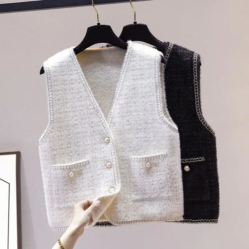 Autumn Winter New Women\'s Mink Velvet Knitted Vest Fashion Elegant V-Neck Button Pockets Versatile Loose Commute Coats Tops