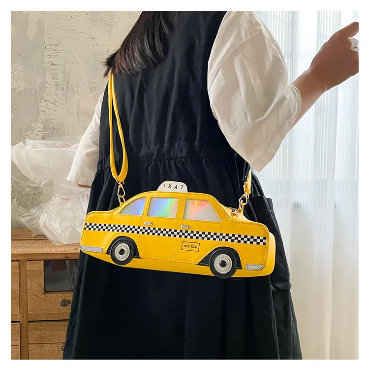 Novel Yellow Taxi Shape Shoulder Bag for Women Cute Cartoon Purses