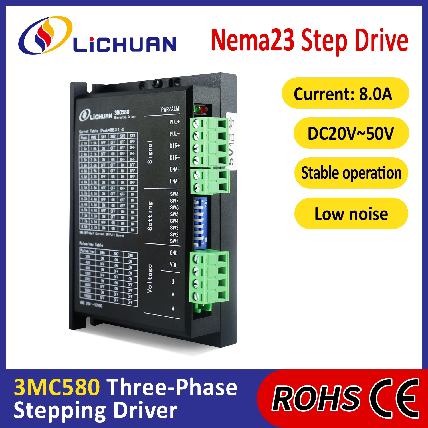 Lichuan 산업용 로봇용 스텝퍼 컨트롤러, DC 오픈 루프 스텝퍼 모터 드라이버, 3 상 Nema23, DC20V  50V, 8A 200  10000ppr