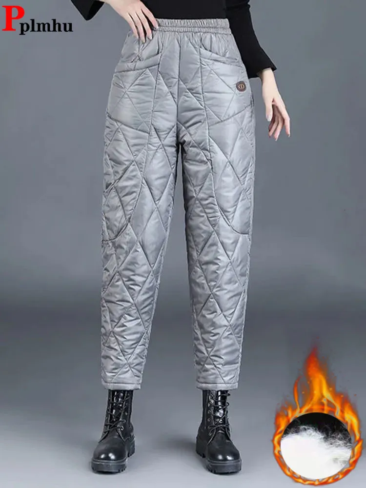 

Winter Fluffy Down Cotton Harem Pants Warm Elastic High Waist Women Casual Trousers Oversize Thick Windproof Ankle-length Broek