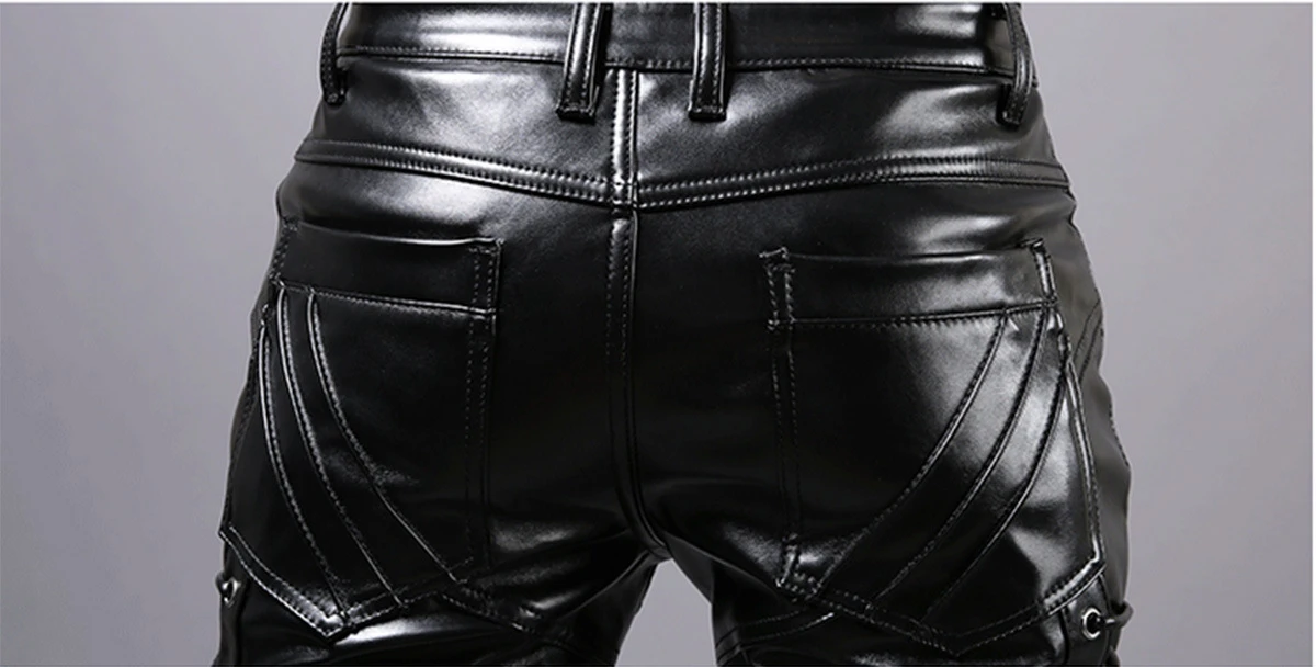 Mens Punk Fashion PU Leather Pants Personality Motorcycle Pencil Trousers Hip Hop Applique Black Leather Trousers Male