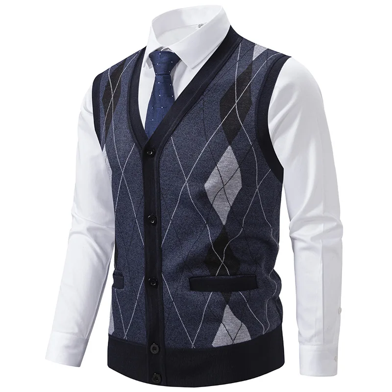Autumn Winter Mens Fleece Knit Sweater Vest Slim V-Neck Fashion Jacquard weave Mens Warm Sleeveless Coat chalecos para hombre