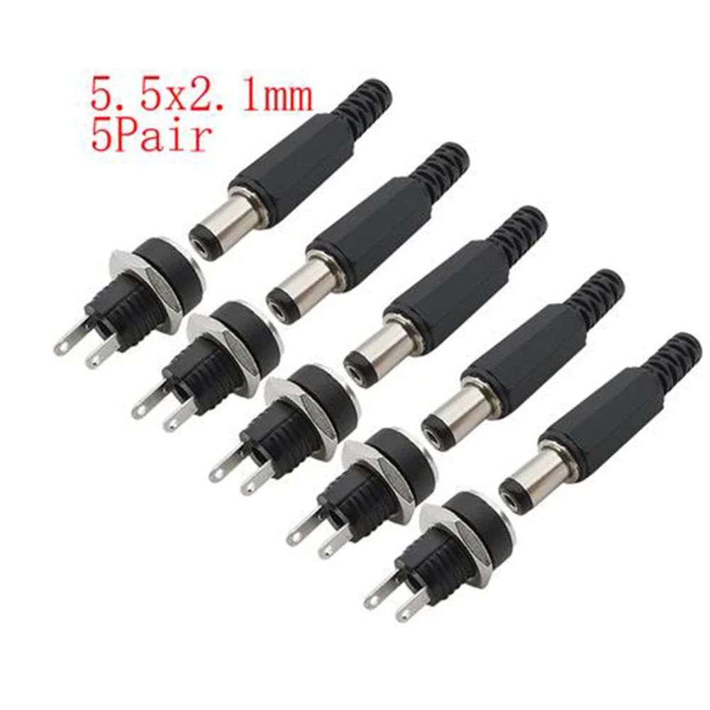 5Pcs DC 5.5x2.1mm Connectors DC Power Plug Male Female Jack Socket Nut Panel Mount DC Power Adapter Connector