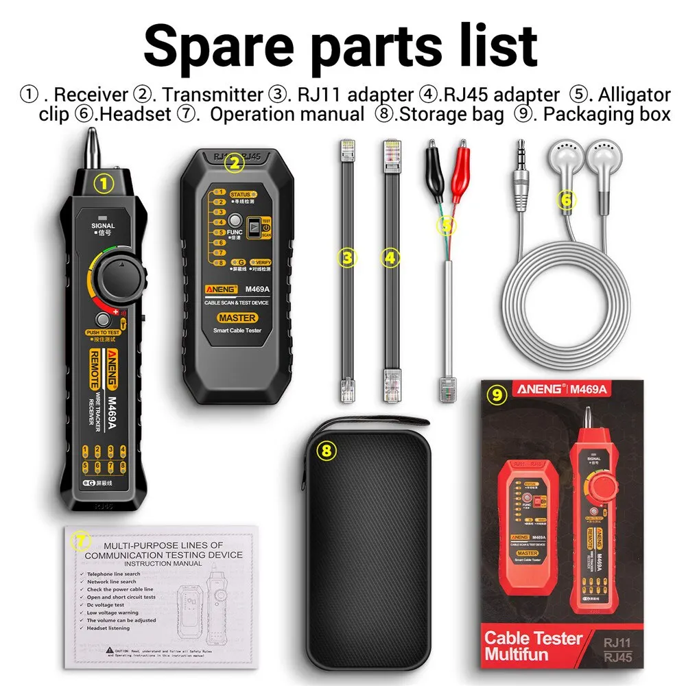 ANENG M469A Network Cable Finder RJ45 RJ11 LAN Cable Finder Tester Anti-Interference Testing Instrument Network Repair network cable tester