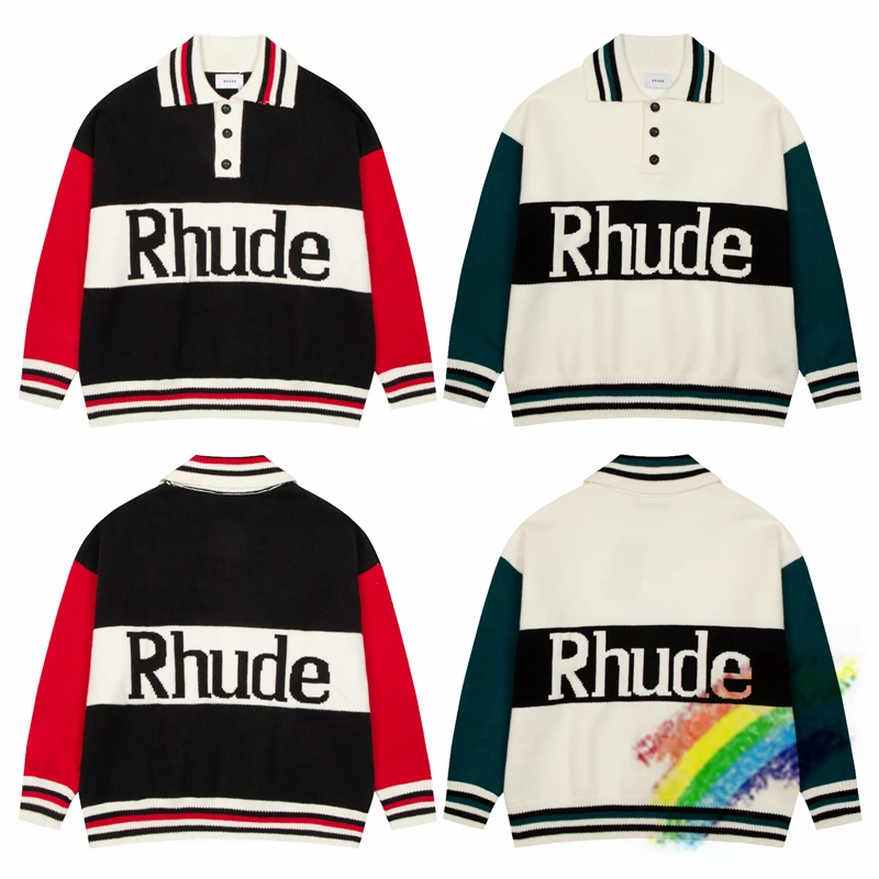 

Rhude Polo Collar Jacquard Knit Sweater Men Women 1:1 Best Quality Patchwork Thick Sweatshirts