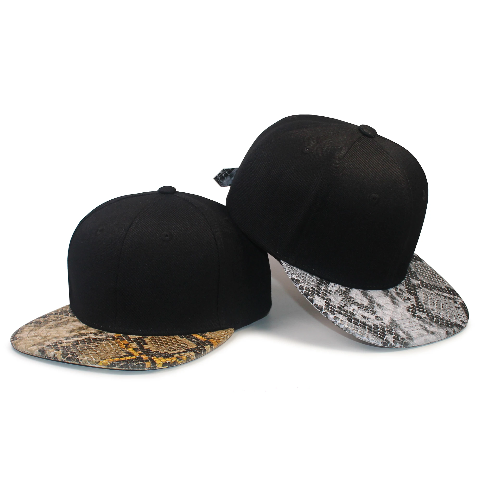 PU Brim Acrylic Crown Snapback Hat Unisex Adjustable Hip Hop Snakeskin Baseball Cap Men