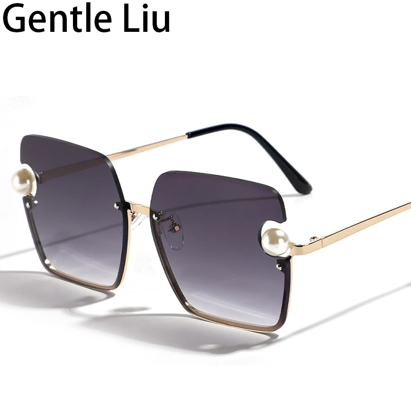 

Oversized Semi-Rimless Square Sunglasses Women Big Frame 2023 Luxury Brand Vintage Sun Glasses For Ladies Pearls Eyewear Shades