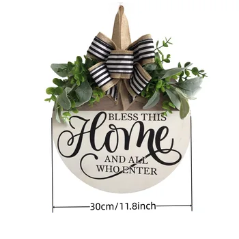 Round Flower Wreath Wooden Welcome Hanging Ornament For Front Door Outdoor Fall Decor Welcome Bow Knot Christmas Decoration 2