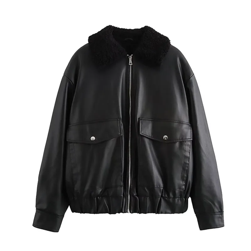 thumbnail image 1 of HH TRAF 2024 Chaquetas gruesas de estilo urbano para mujer, color negro, cuello vuelto, mangas largas, bolsillos, cremallera, abrigos de invierno para mujer a la moda, 1 of 5