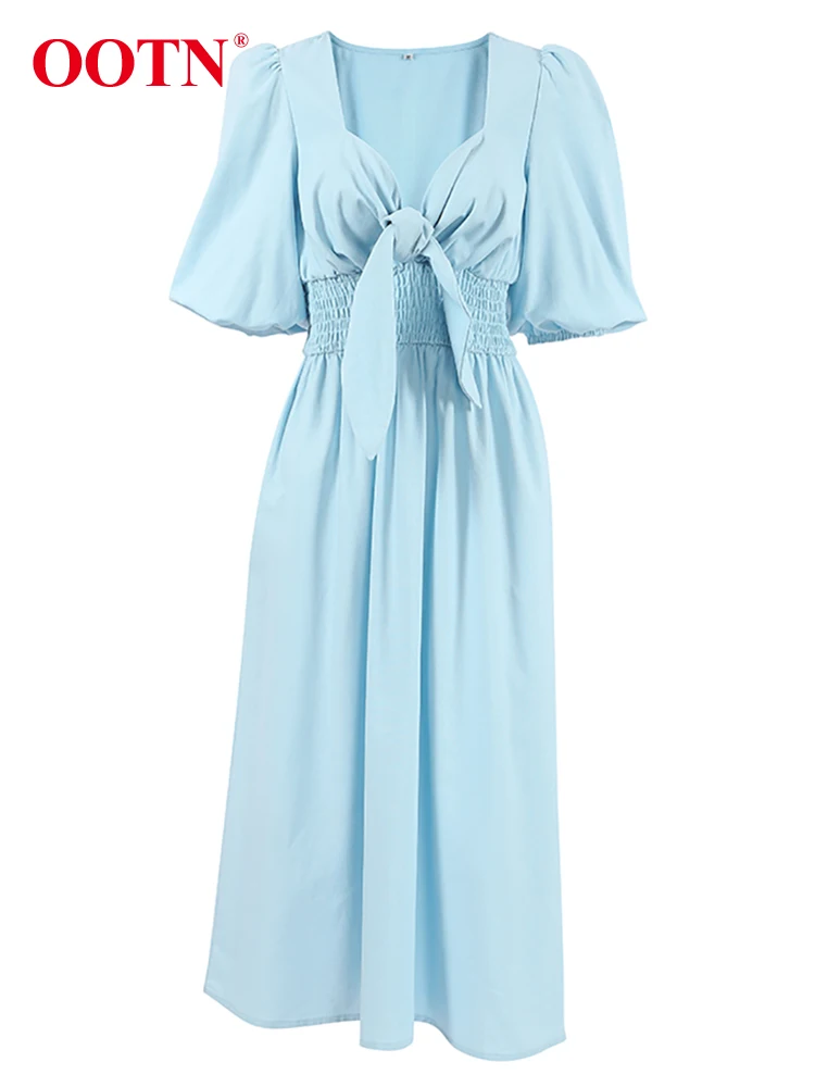 Ootn-vestido de manga curta para mulheres, sexy, cintura alta, feita de algodão e linho, elegante azul plissado, estilo vintage, verão, 2024