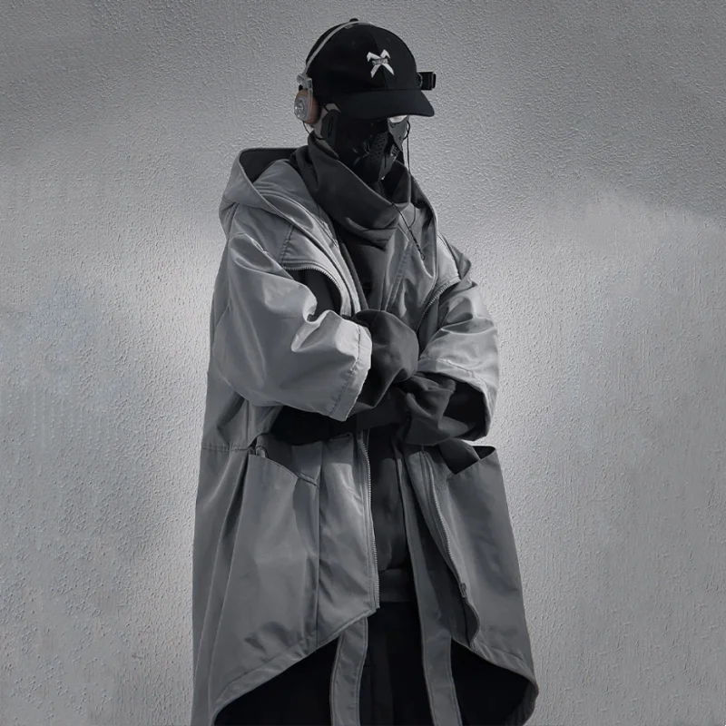 Irregular Design Tactical Function Trench Coat Mens Clothing Y2K Techwear High Street Mid-length Techwear Outerwear