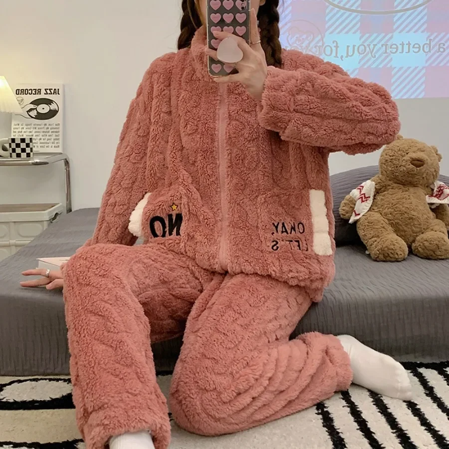 2024 Women's Keep Warm Sleepwear 2PCS Pajama Sets Autumn Winter Nightwear Flannel Pijama Night Suits Homewear Sleepwear Female
