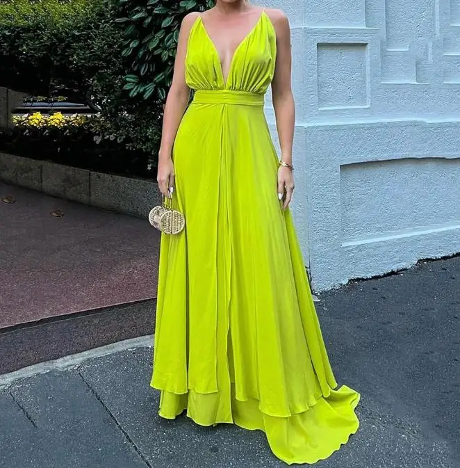 

Women's Deep V Long Suspender Dress Solid Backless Pleated Irregular Design Woman Fashion High Waist Sling Party Dresses