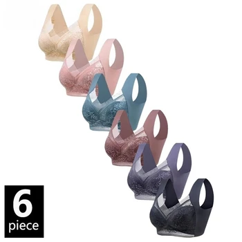 6PCS Women Wireless Push Up Bralette Deep V Lace Plus Size Comfortable Soft Bras Non Padded Lingerie Seamless Underwear Brassier