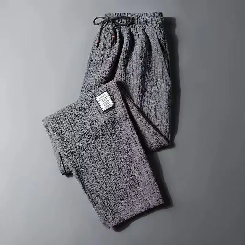Ant Wrinkle 2024 Men Summer New Flax Thin Style Straight Cylinder Labeling Korean Loose Large Size Motion Casual Cropped Pants