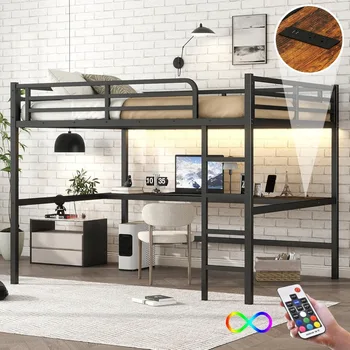queen size bellemave loft bed with desk, suitable for adults, kids, and teens, metal frame, black 3