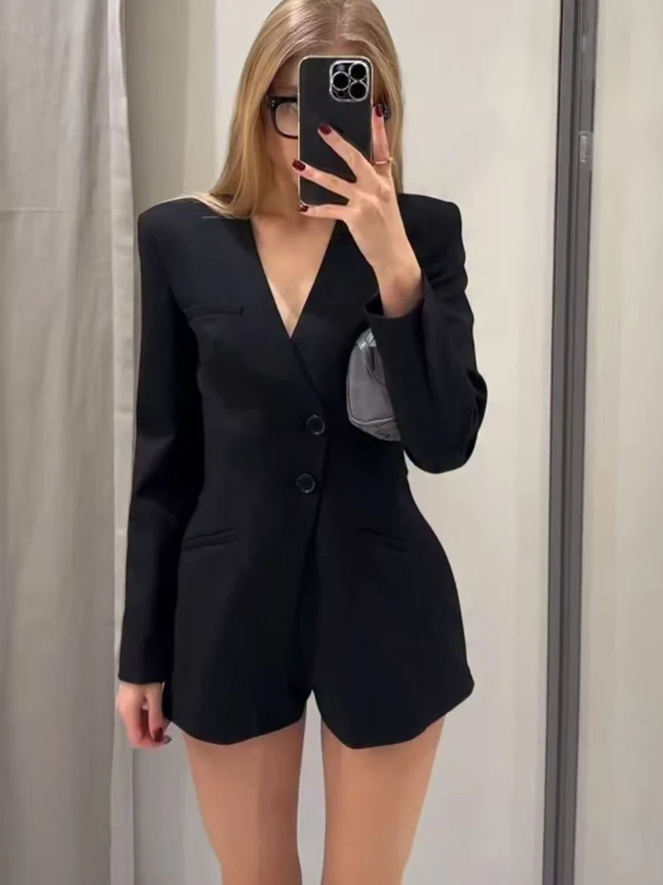New Women's Black Casual Commuter Short Long Sleeve V-neck Suit Jumpsuit Shorts Elegant Women Slim Fit One Piece Rompers