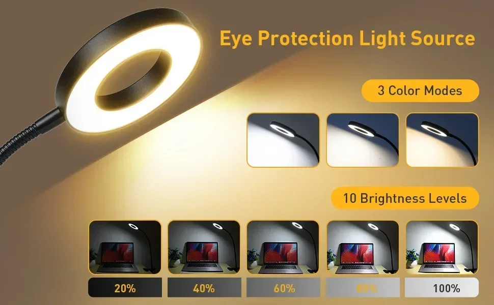 Description Picture 4 of itemUS Desk Lamp Tri colored light Clip Book Light Flexible Gooseneck Dimmable USB Reading Eye Protection study room Bedside Light