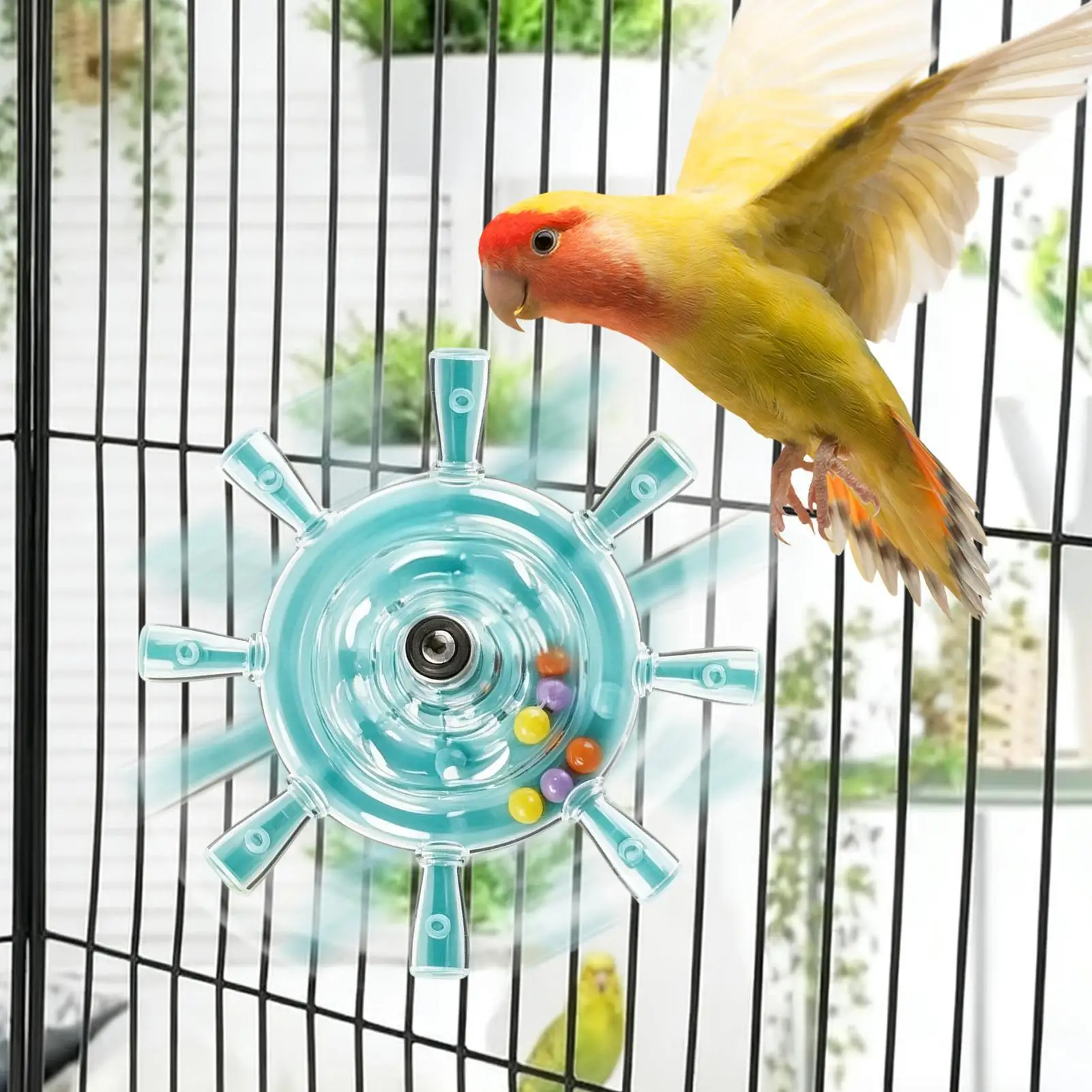 Rotating Bird Chew & Spin Toy with Exercise Wheel and Rattle